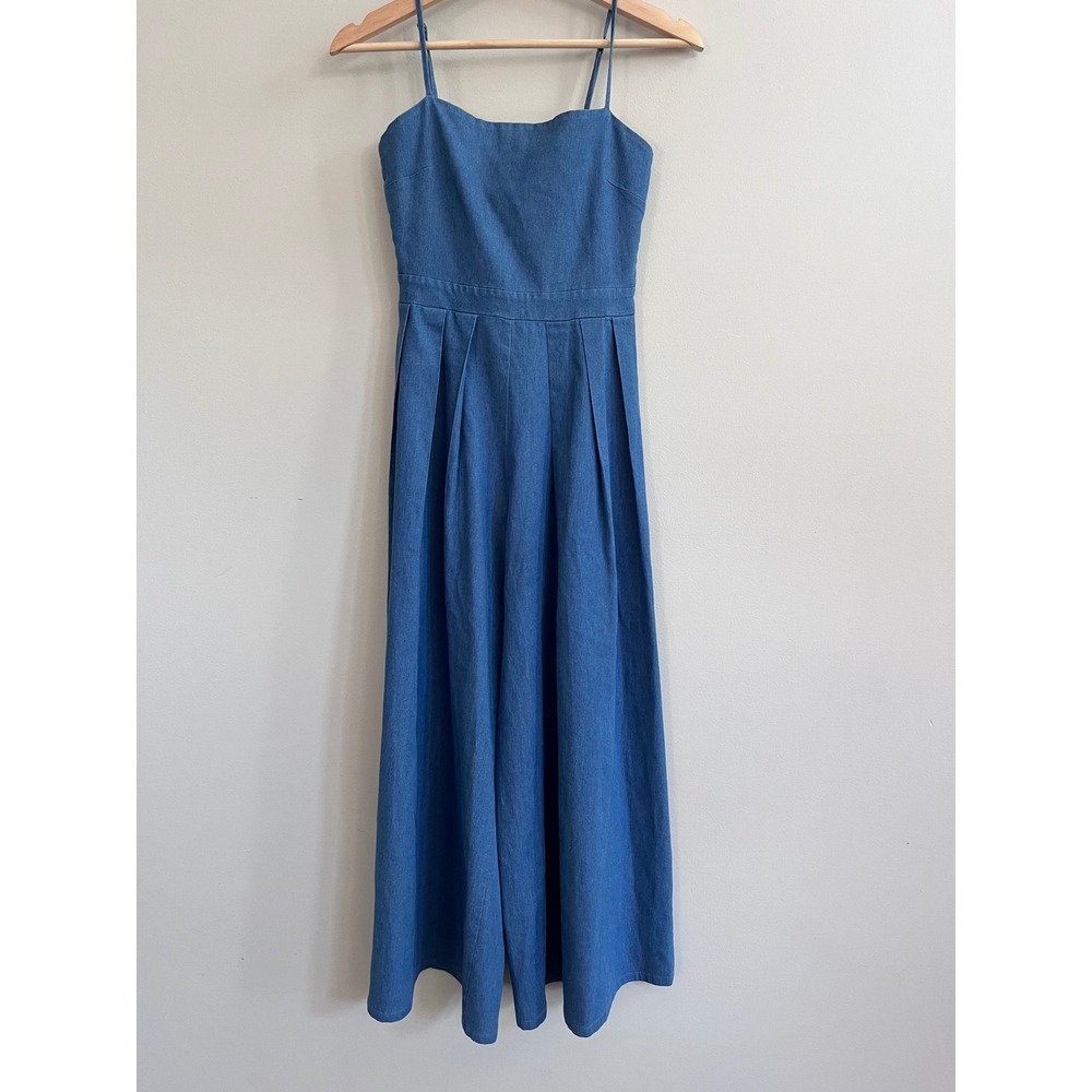 Gracia Blue Chambray Denim Wide Leg Pleated Jumpsuit Womens Small Square Neck